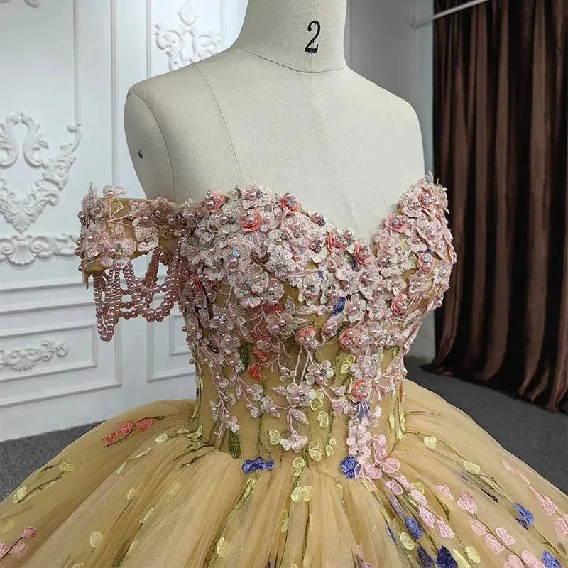Quinceanera Flower  Off-the-Shoulder Ball Gown Dress - Curvevia