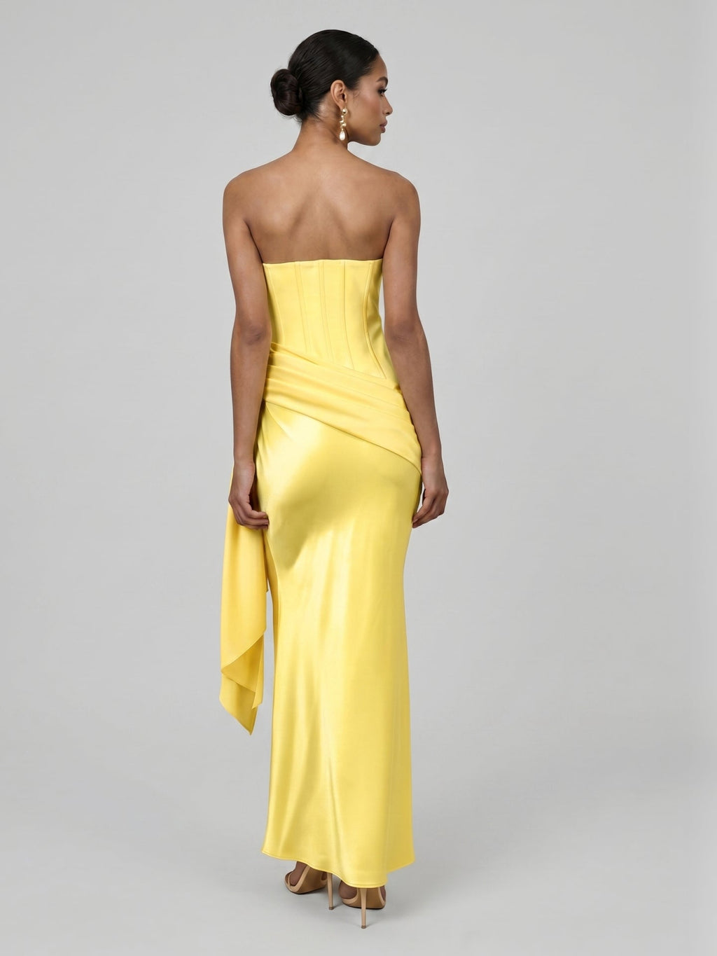 Sexy Lemon Satin Column Off-the-Shoulder Side Zip Ankle-Length Bridesmaid Dress - Curvevia