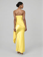 Sexy Lemon Satin Column Off-the-Shoulder Side Zip Ankle-Length Bridesmaid Dress - Curvevia