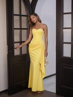 Sexy Lemon Satin Column Off-the-Shoulder Side Zip Ankle-Length Bridesmaid Dress - Curvevia