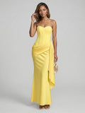 Sexy Lemon Satin Column Off-the-Shoulder Side Zip Ankle-Length Bridesmaid Dress - Curvevia