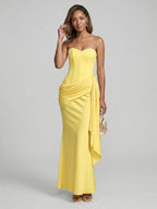 Sexy Lemon Satin Column Off-the-Shoulder Side Zip Ankle-Length Bridesmaid Dress - Curvevia