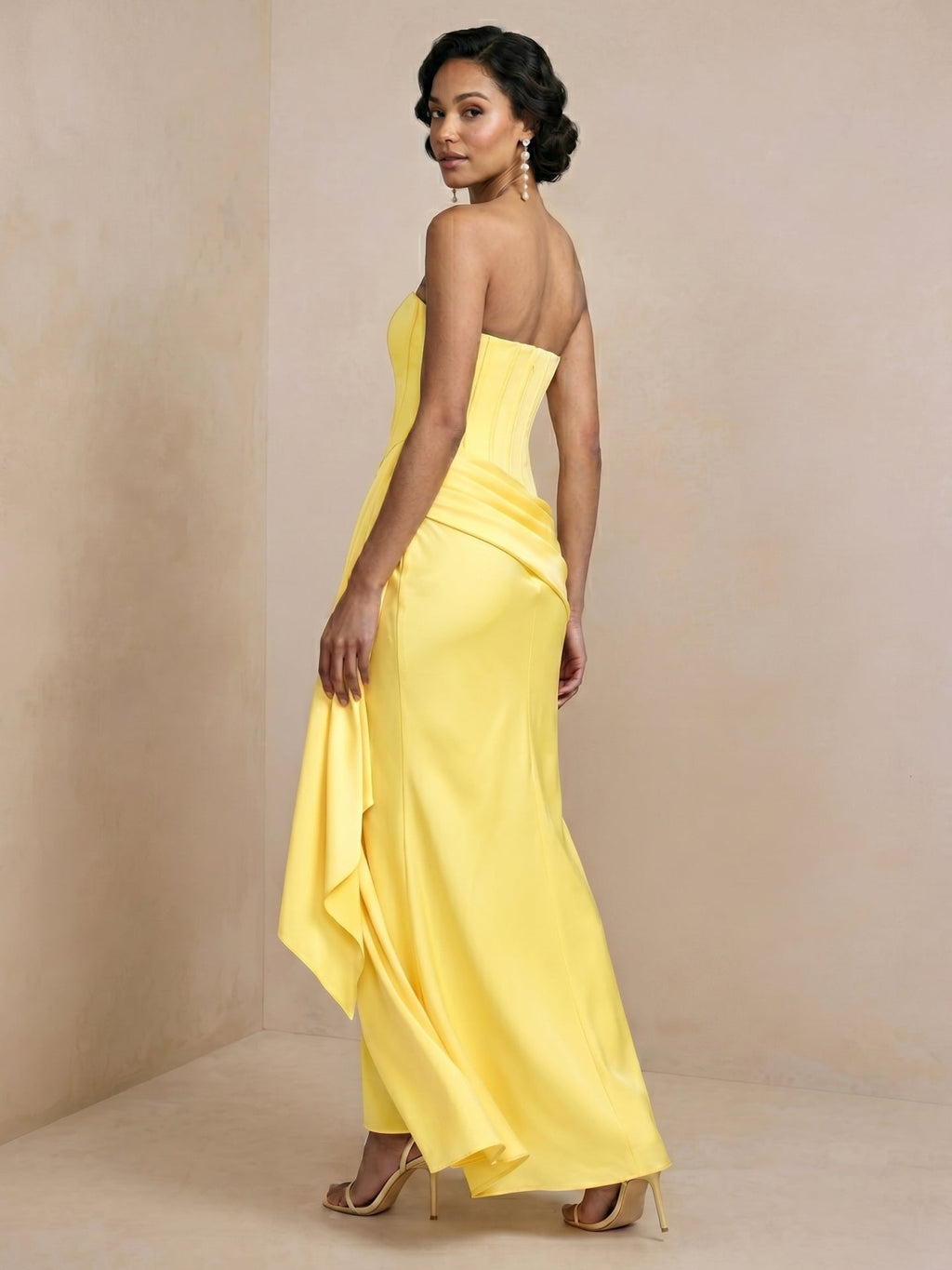 Sexy Lemon Satin Column Off-the-Shoulder Side Zip Ankle-Length Bridesmaid Dress - Curvevia