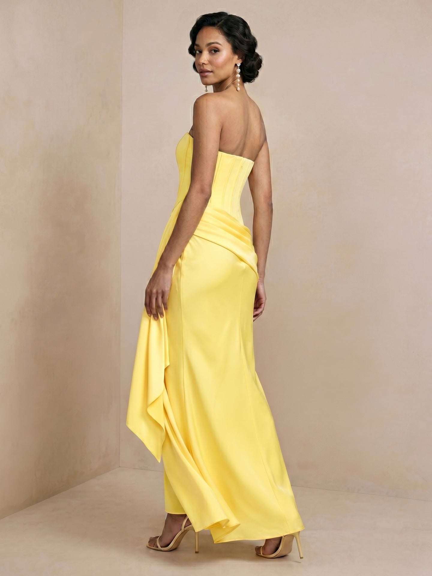 Sexy Lemon Satin Column Off-the-Shoulder Side Zip Ankle-Length Bridesmaid Dress - Curvevia
