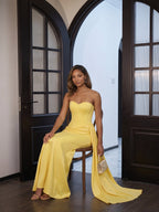 Sexy Lemon Satin Column Off-the-Shoulder Side Zip Ankle-Length Bridesmaid Dress - Curvevia