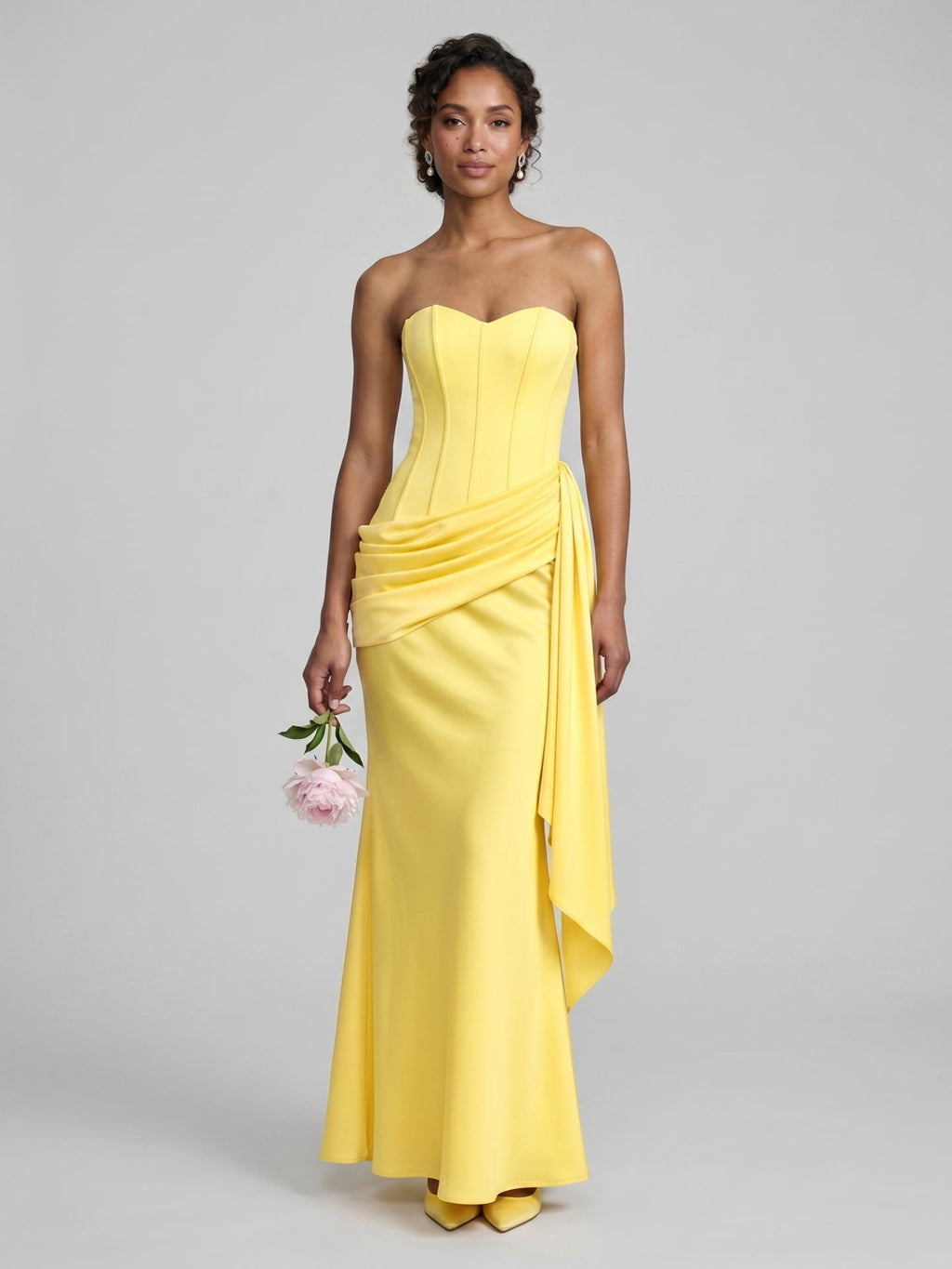 Sexy Lemon Satin Column Off-the-Shoulder Side Zip Ankle-Length Bridesmaid Dress - Curvevia