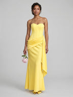 Sexy Lemon Satin Column Off-the-Shoulder Side Zip Ankle-Length Bridesmaid Dress - Curvevia