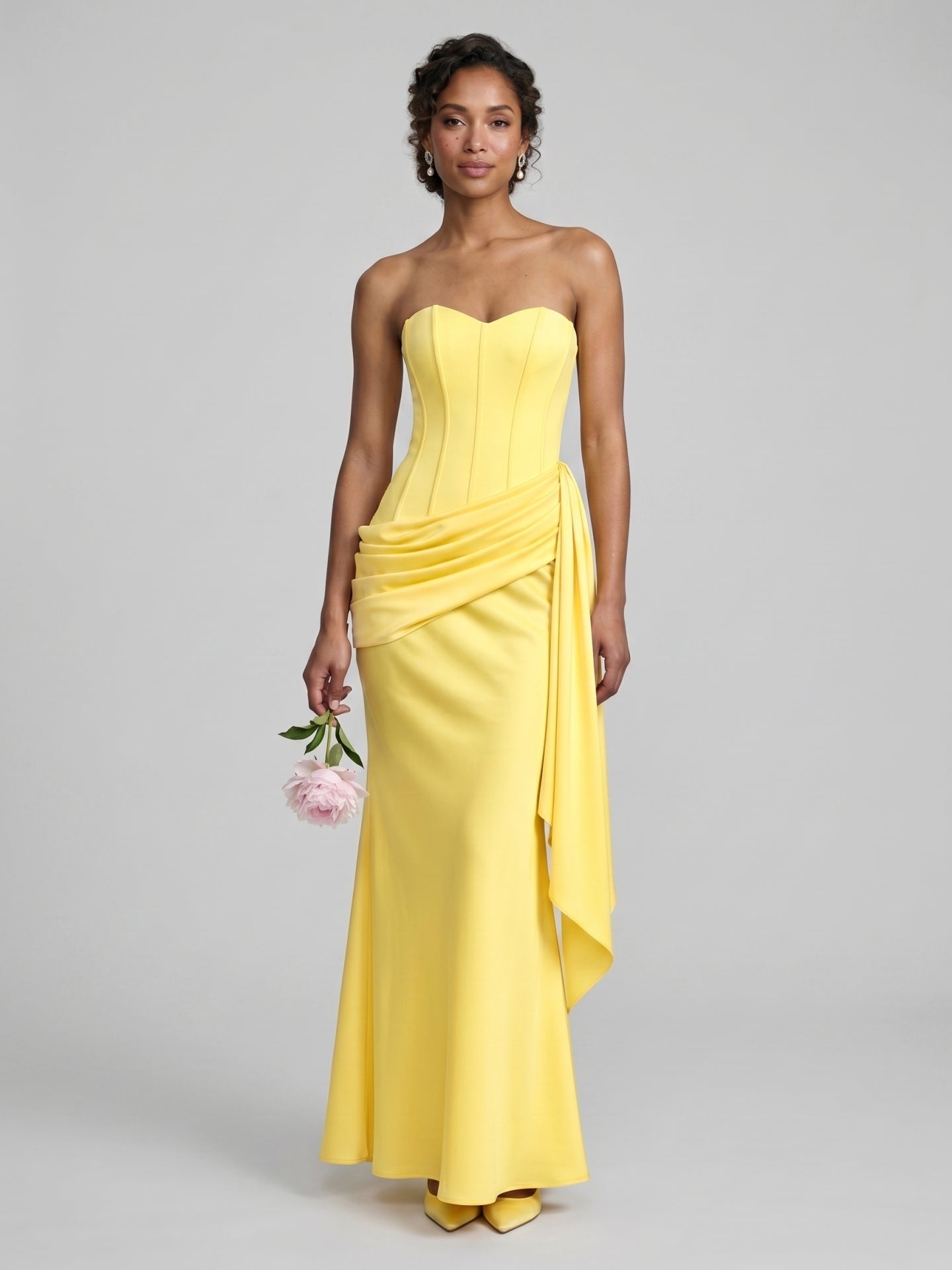 Sexy Lemon Satin Column Off-the-Shoulder Side Zip Ankle-Length Bridesmaid Dress - Curvevia
