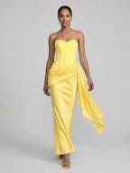 Sexy Lemon Satin Column Off-the-Shoulder Side Zip Ankle-Length Bridesmaid Dress - Curvevia