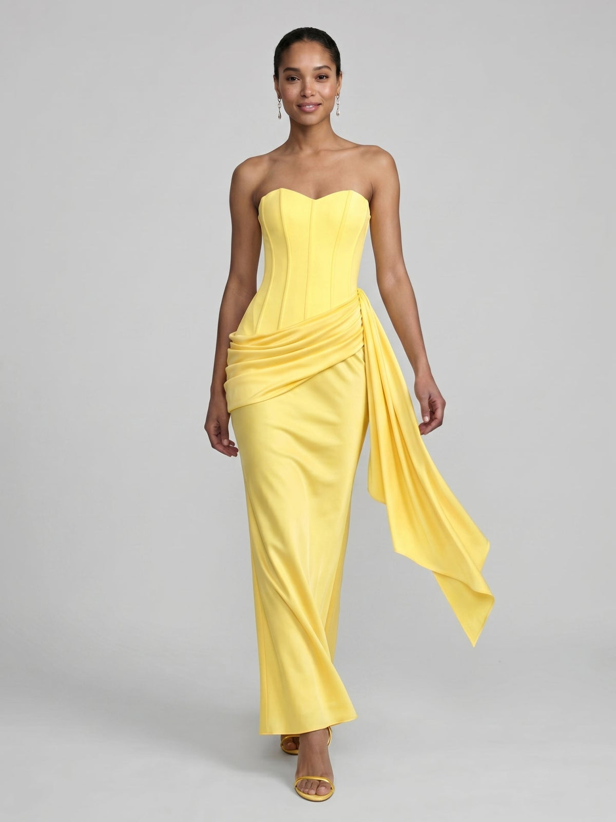 Sexy Lemon Satin Column Off-the-Shoulder Side Zip Ankle-Length Bridesmaid Dress - Curvevia