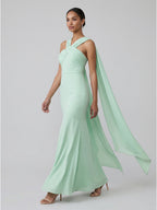 Sexy Mint Green Matte Satin Column Halter Neck Side Zip Ankle-Length Bridesmaid Dress - Curvevia