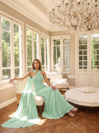 Sexy Mint Green Matte Satin Column Halter Neck Side Zip Ankle-Length Bridesmaid Dress - Curvevia
