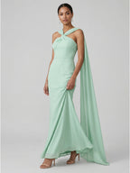 Sexy Mint Green Matte Satin Column Halter Neck Side Zip Ankle-Length Bridesmaid Dress - Curvevia