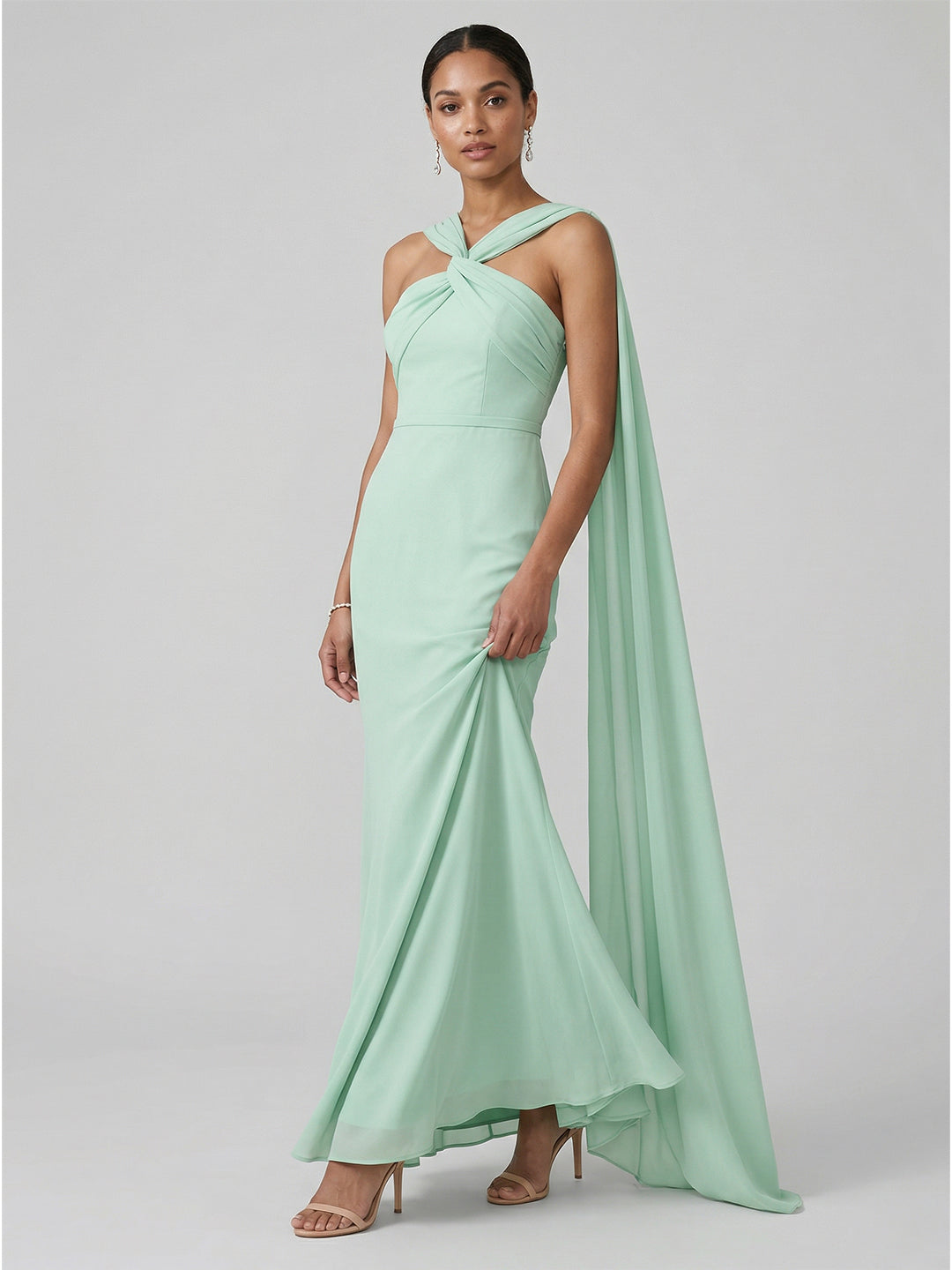 Sexy Mint Green Matte Satin Column Halter Neck Side Zip Ankle-Length Bridesmaid Dress - Curvevia