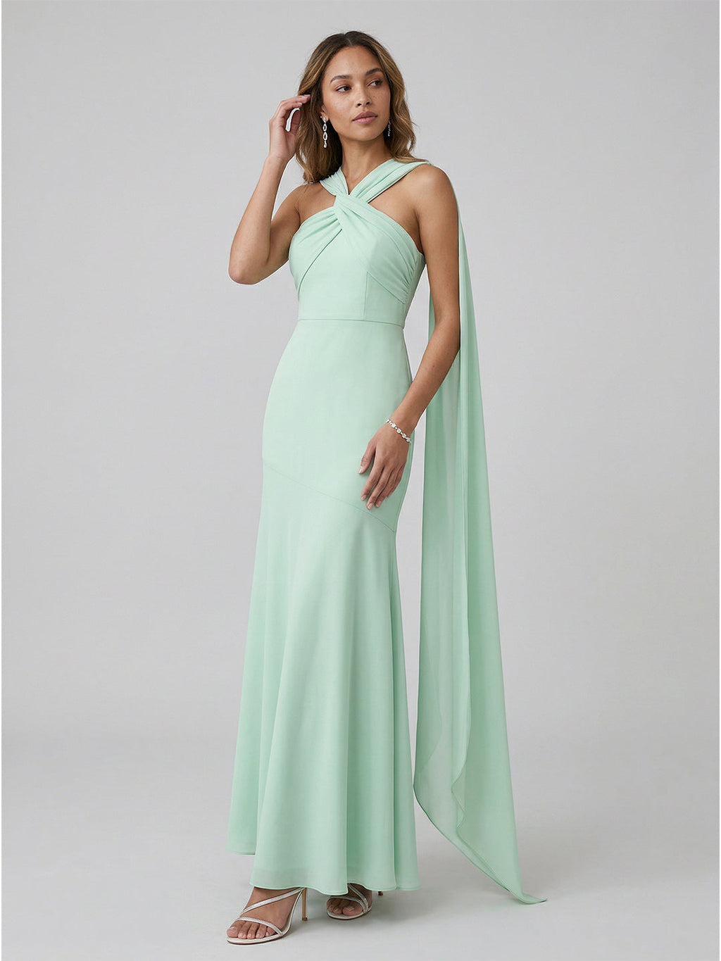 Sexy Mint Green Matte Satin Column Halter Neck Side Zip Ankle-Length Bridesmaid Dress - Curvevia
