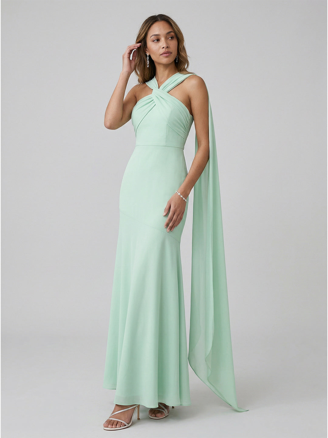 Sexy Mint Green Matte Satin Column Halter Neck Side Zip Ankle-Length Bridesmaid Dress - Curvevia