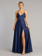 Sexy Navy Blue Satin A-Line V-Neck Criss-Cross Straps Ankle-Length Bridesmaid Dress - Curvevia