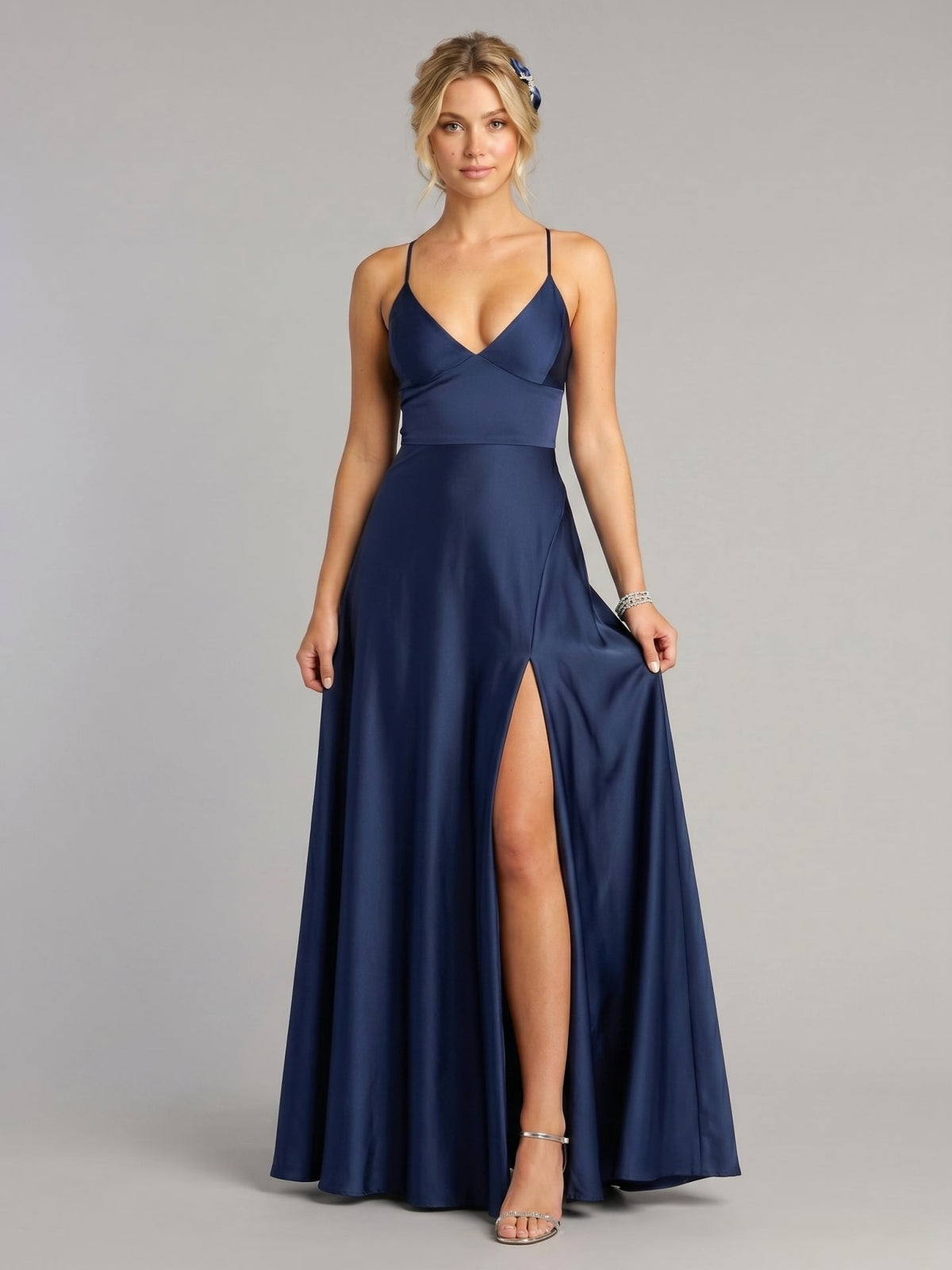 Sexy Navy Blue Satin A-Line V-Neck Criss-Cross Straps Ankle-Length Bridesmaid Dress - Curvevia