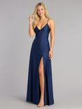 Sexy Navy Blue Satin A-Line V-Neck Criss-Cross Straps Ankle-Length Bridesmaid Dress - Curvevia