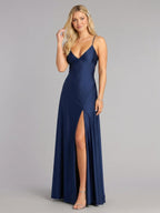 Sexy Navy Blue Satin A-Line V-Neck Criss-Cross Straps Ankle-Length Bridesmaid Dress - Curvevia