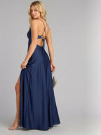 Sexy Navy Blue Satin A-Line V-Neck Criss-Cross Straps Ankle-Length Bridesmaid Dress - Curvevia