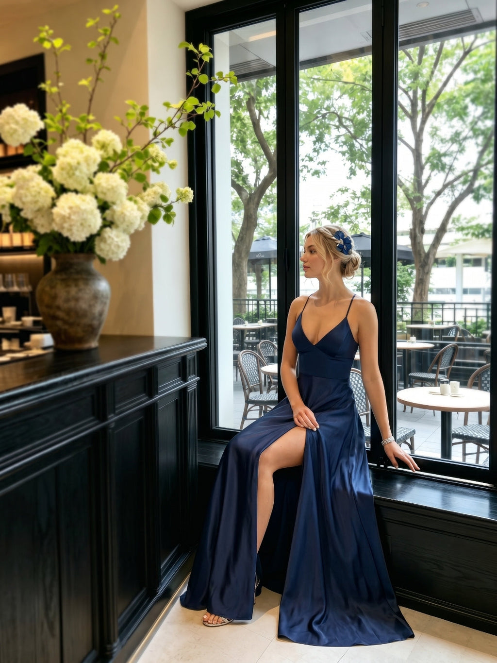 Sexy Navy Blue Satin A-Line V-Neck Criss-Cross Straps Ankle-Length Bridesmaid Dress - Curvevia