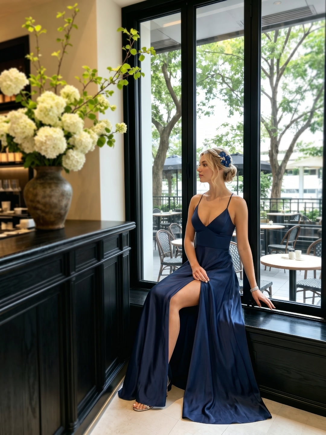 Sexy Navy Blue Satin A-Line V-Neck Criss-Cross Straps Ankle-Length Bridesmaid Dress - Curvevia