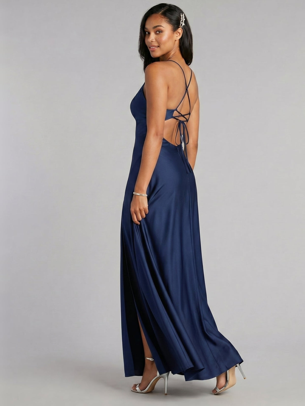 Sexy Navy Blue Satin A-Line V-Neck Criss-Cross Straps Ankle-Length Bridesmaid Dress - Curvevia
