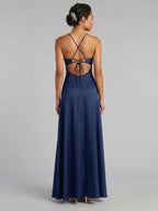 Sexy Navy Blue Satin A-Line V-Neck Criss-Cross Straps Ankle-Length Bridesmaid Dress - Curvevia
