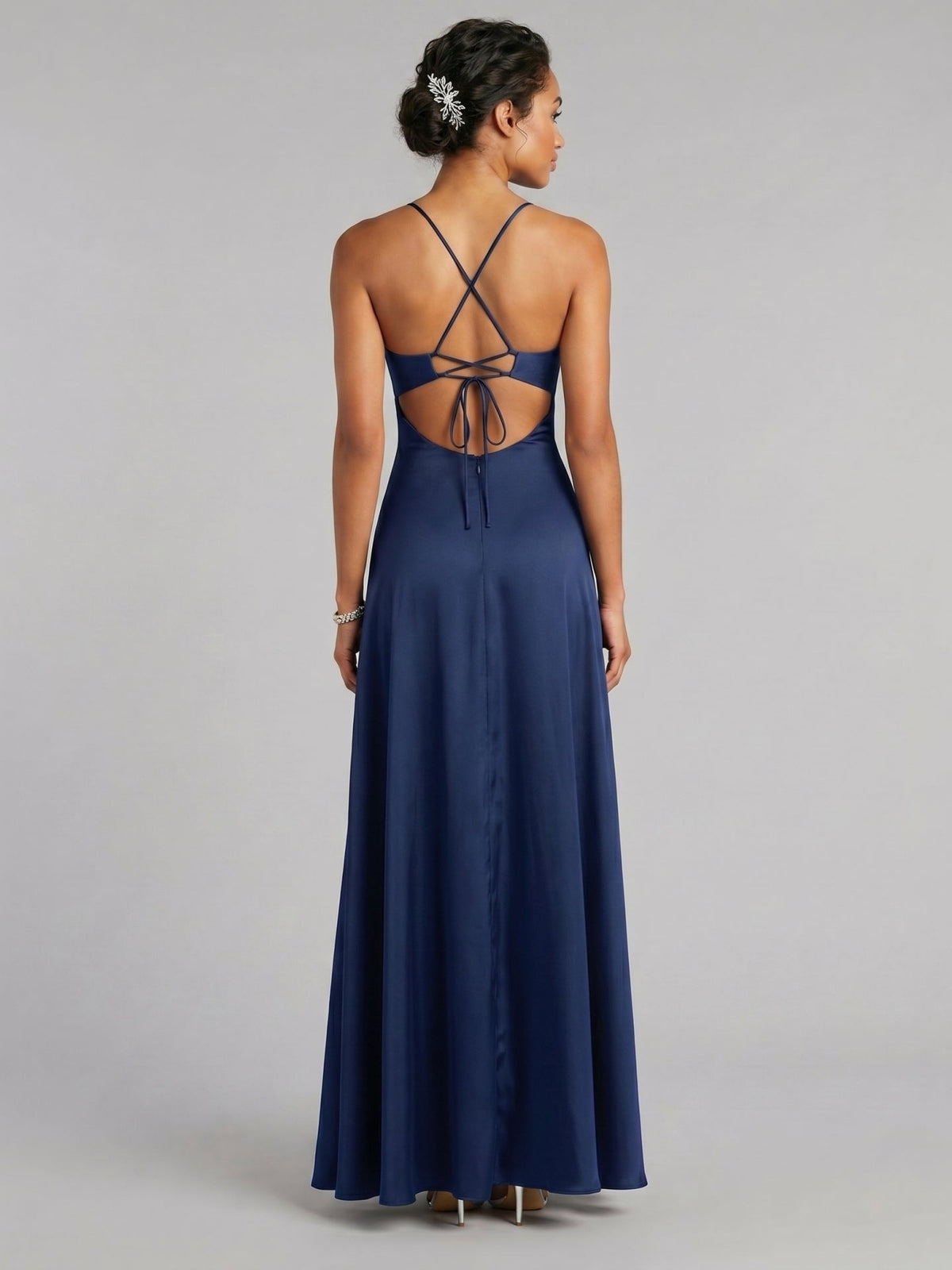 Sexy Navy Blue Satin A-Line V-Neck Criss-Cross Straps Ankle-Length Bridesmaid Dress - Curvevia
