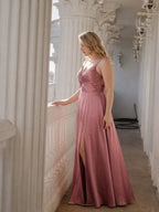 Sexy Rose Gold Satin A-Line V-Neck Back Zip with Beaded Details Ankle-Length Plus Size Bridesmaid Dress - Curvevia