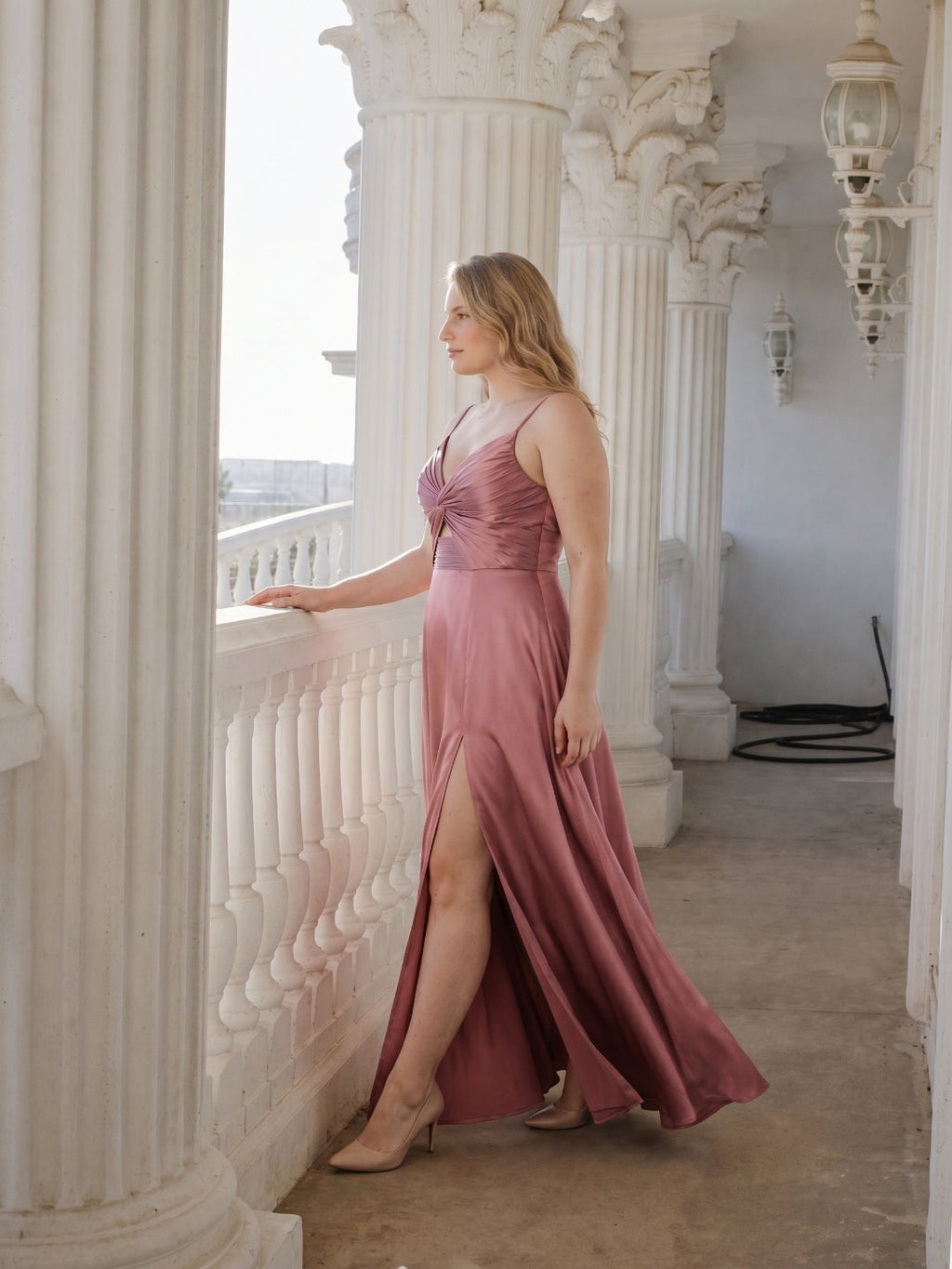 Sexy Rose Gold Satin A-Line V-Neck Back Zip with Beaded Details Ankle-Length Plus Size Bridesmaid Dress - Curvevia