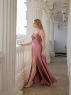 Sexy Rose Gold Satin A-Line V-Neck Back Zip with Beaded Details Ankle-Length Plus Size Bridesmaid Dress - Curvevia