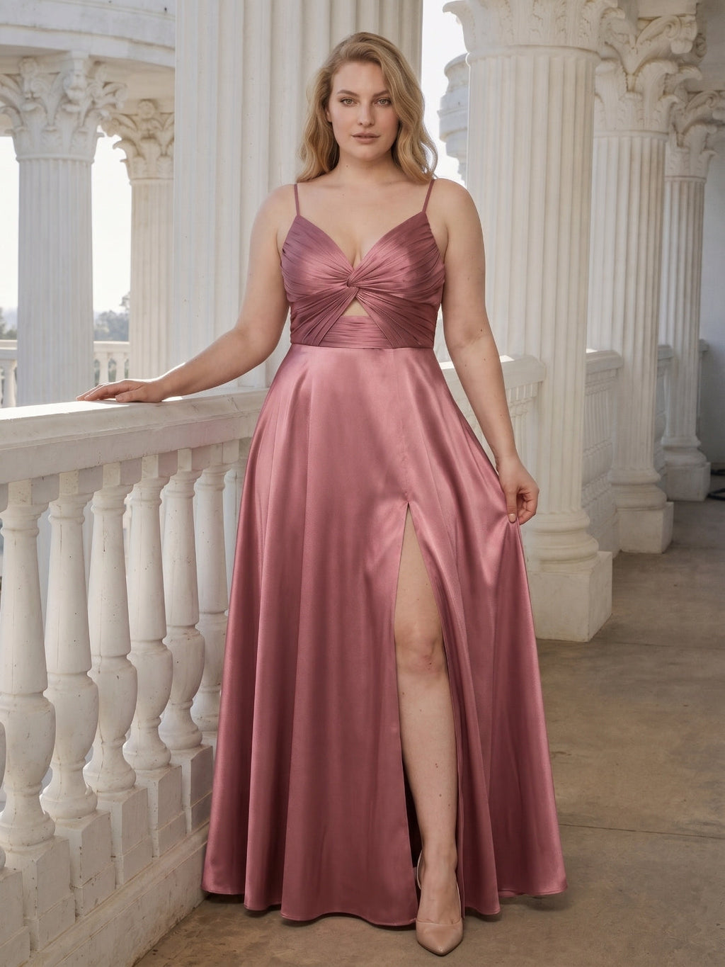 Sexy Rose Gold Satin A-Line V-Neck Back Zip with Beaded Details Ankle-Length Plus Size Bridesmaid Dress - Curvevia