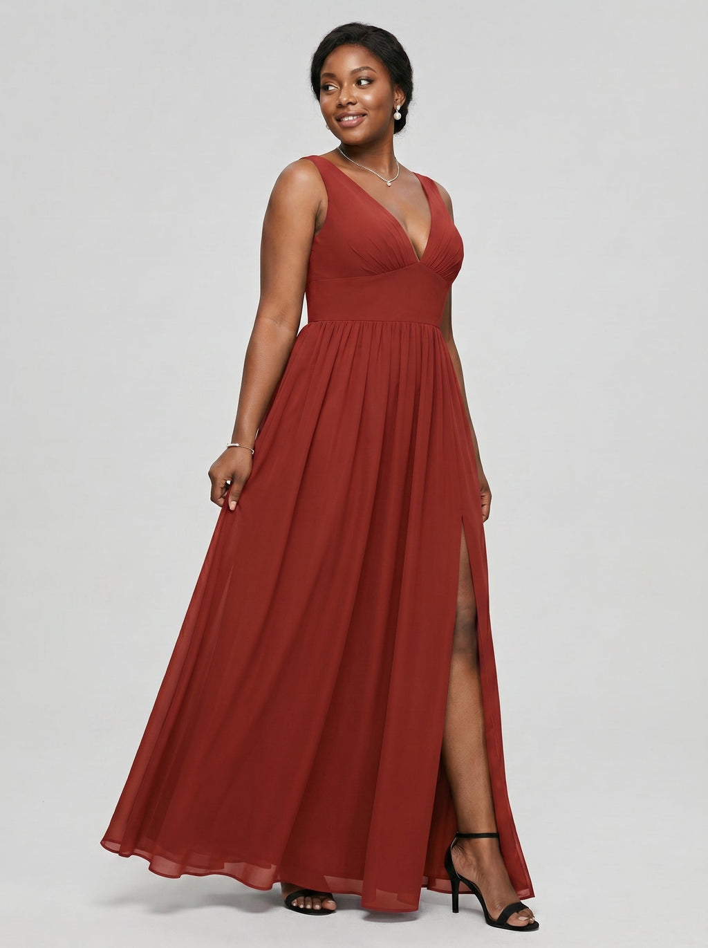 Sexy Rust Chiffon A-Line V-Neck V-Back with Pleated Ankle-Length Bridesmaid Dress - Curvevia