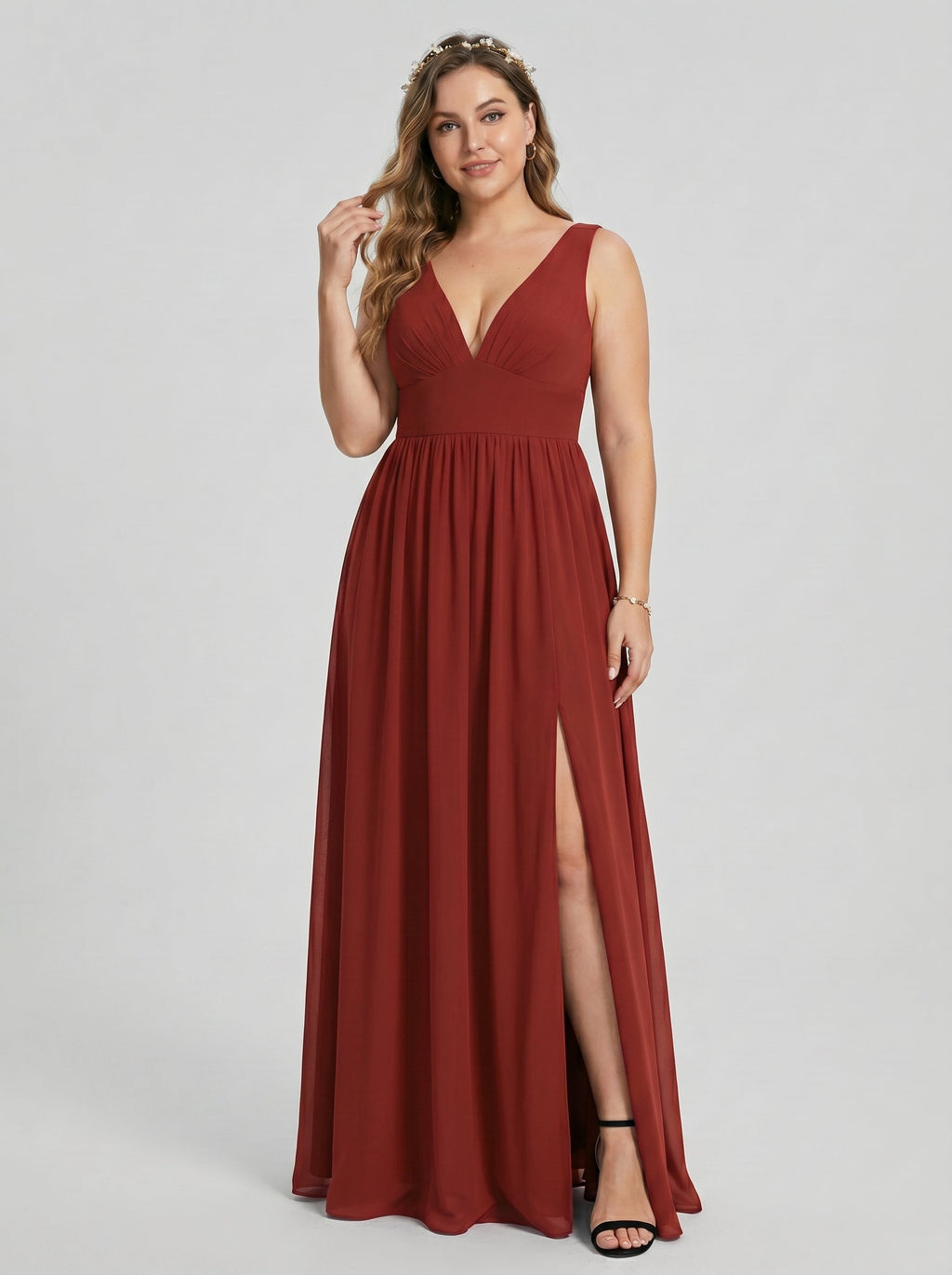 Sexy Rust Chiffon A-Line V-Neck V-Back with Pleated Ankle-Length Bridesmaid Dress - Curvevia