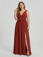 Sexy Rust Chiffon A-Line V-Neck V-Back with Pleated Ankle-Length Bridesmaid Dress - Curvevia