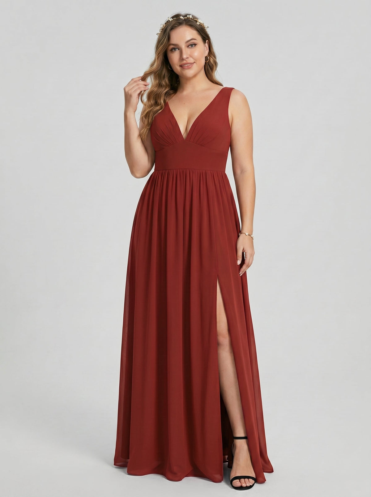 Sexy Rust Chiffon A-Line V-Neck V-Back with Pleated Ankle-Length Bridesmaid Dress - Curvevia