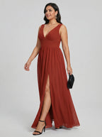 Sexy Rust Chiffon A-Line V-Neck V-Back with Pleated Ankle-Length Bridesmaid Dress - Curvevia
