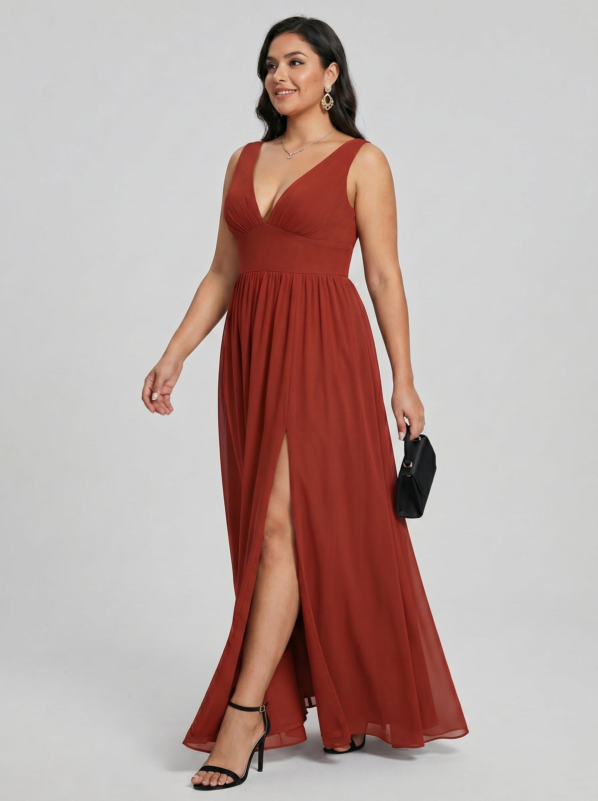 Sexy Rust Chiffon A-Line V-Neck V-Back with Pleated Ankle-Length Bridesmaid Dress - Curvevia