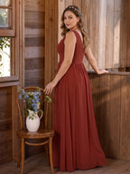 Sexy Rust Chiffon A-Line V-Neck V-Back with Pleated Ankle-Length Bridesmaid Dress - Curvevia