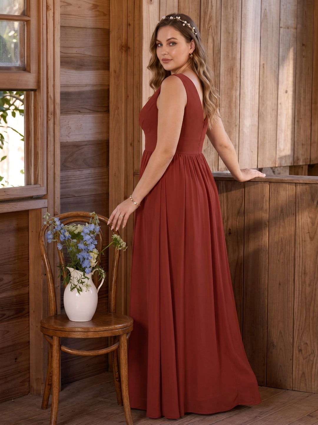 Sexy Rust Chiffon A-Line V-Neck V-Back with Pleated Ankle-Length Bridesmaid Dress - Curvevia