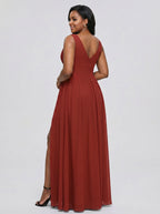 Sexy Rust Chiffon A-Line V-Neck V-Back with Pleated Ankle-Length Bridesmaid Dress - Curvevia