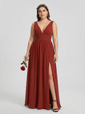 Sexy Rust Chiffon A-Line V-Neck V-Back with Pleated Ankle-Length Bridesmaid Dress - Curvevia