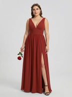 Sexy Rust Chiffon A-Line V-Neck V-Back with Pleated Ankle-Length Bridesmaid Dress - Curvevia