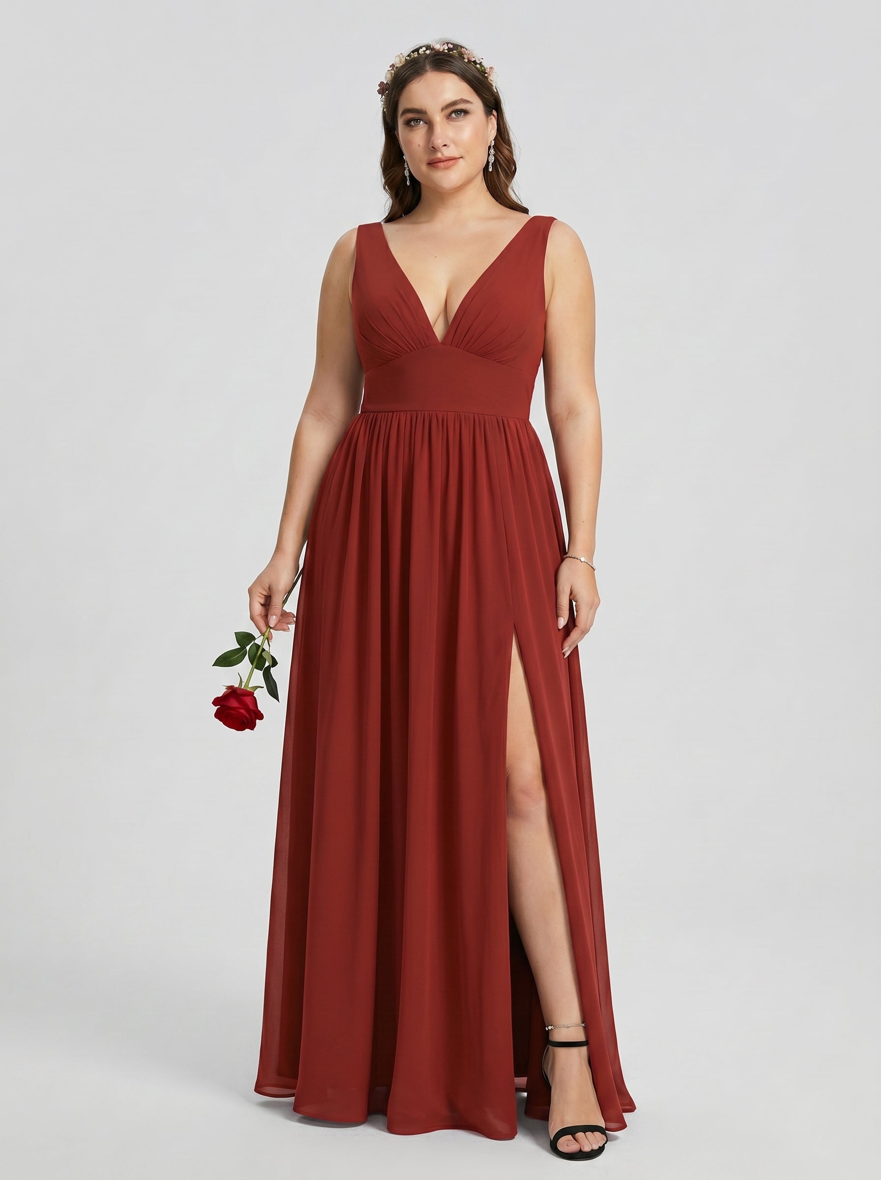 Sexy Rust Chiffon A-Line V-Neck V-Back with Pleated Ankle-Length Bridesmaid Dress - Curvevia