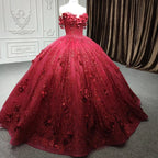 Red Quinceanera Dress Ball Gown Sequined Flowers - Curvevia