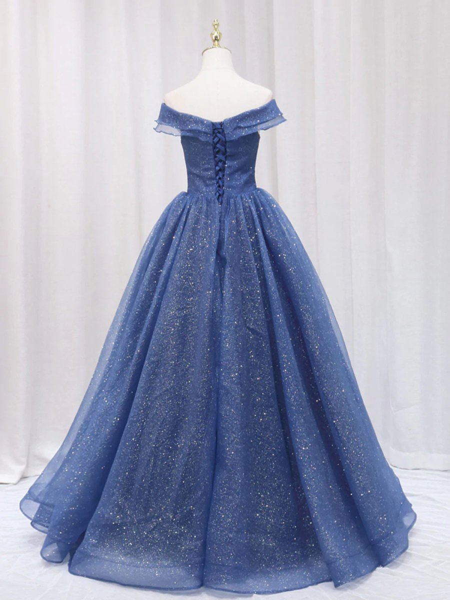 Shiny Off Shoulder Navy Blue Tulle Navy Blue Formal Graduation Evening Dresses - Curvevia