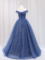 Shiny Off Shoulder Navy Blue Tulle Navy Blue Formal Graduation Evening Dresses - Curvevia