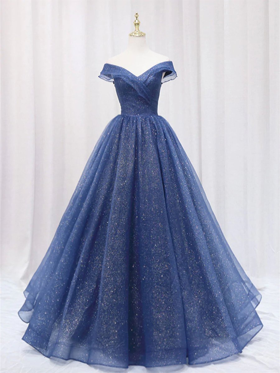 Shiny Off Shoulder Navy Blue Tulle Navy Blue Formal Graduation Evening Dresses - Curvevia